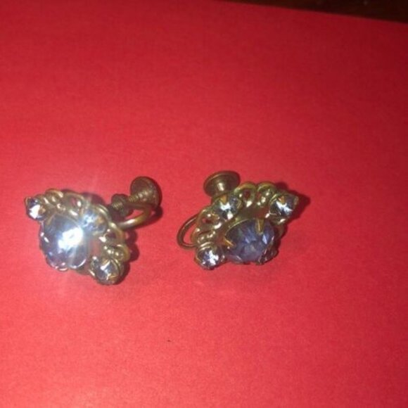 Vintage earrings Screw Backs Blue Rhinestones - Picture 5 of 7